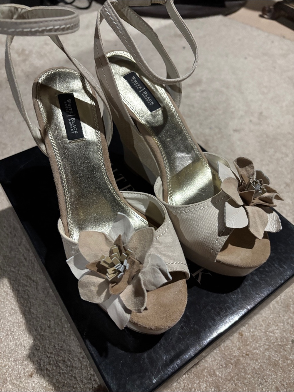 White House Black Market Cream and Tan Floral Ankle-Strap Platform Heels